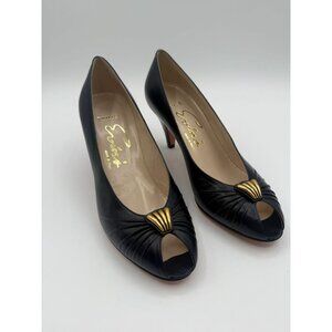 Vintage Evins Italy Women's Navy TAMIE Peep Toe High Heels Size 5.5